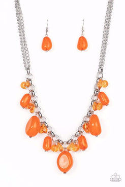 Glassy orange beads and teardrop accents join an oversized assortment of orange faux stone beads dancing below the collar, resulting in a flirtatious fringe. Features an adjustable clasp closure.  Sold as one individual necklace. Includes one pair of matching earrings.