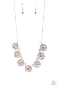 Dotted with dark and light orange rhinestone centers, decorative silver flowers bloom from circular silver frames as they link below the collar for a flirtatious floral fashion. Features an adjustable clasp closure.  Sold as one individual necklace. Includes one pair of matching earrings.