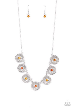 Dotted with dark and light orange rhinestone centers, decorative silver flowers bloom from circular silver frames as they link below the collar for a flirtatious floral fashion. Features an adjustable clasp closure.  Sold as one individual necklace. Includes one pair of matching earrings.