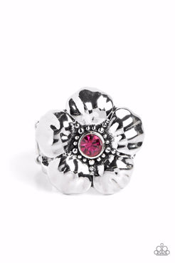 Dotted with dainty silver studs and a dainty fuchsia rhinestone center, folds of shiny silver curl into an oversized tropical flower for a whimsical dash of island inspiration atop the finger. Features a stretchy band for a flexible fit.  Sold as one individual ring.