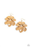 Flared, imperfect gold petals layer into a stunning flower, hinging at the center for a whimsical flair. Earring attaches to a standard fishhook fitting.  Sold as one pair of earrings.