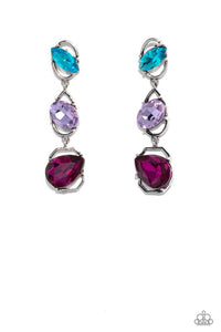 Linking together to create a geometric lure, a sleek silver oval, teardrop, and emerald-cut frame cascade down the ear. Slanted sideways in pronged settings across each frame, a fuchsia teardrop, purple oval-cut, and aquamarine marquise-cut gem create a gorgeous pop of color against the thin edgy frames. Earring attaches to a standard post fitting.  Sold as one pair of post earrings.  Life Of The Party August 2023