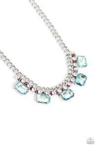 Brushed in a high-sheen finish, a strand of flat silver curb chain dramatically drapes across the chest for a bold industrial look. A row of faceted light blue emerald-cut gems cascade from the bottom of a strand of glittery white rhinestones set in silver square fittings and ornately woven in Viva Magenta and purple cording for a modern look. Features an adjustable clasp closure.  Sold as one individual necklace. Includes one pair of matching earrings.