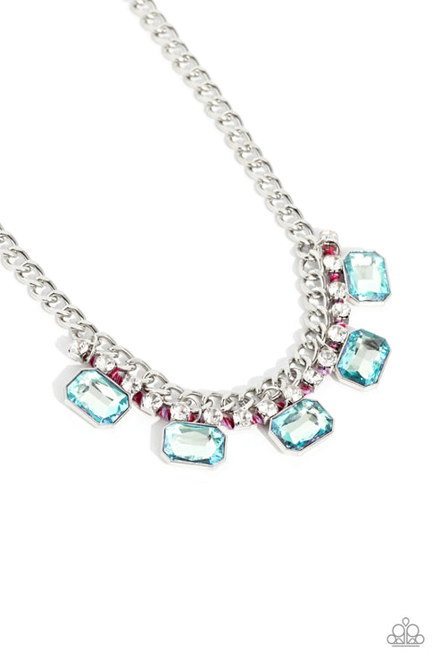 Brushed in a high-sheen finish, a strand of flat silver curb chain dramatically drapes across the chest for a bold industrial look. A row of faceted light blue emerald-cut gems cascade from the bottom of a strand of glittery white rhinestones set in silver square fittings and ornately woven in Viva Magenta and purple cording for a modern look. Features an adjustable clasp closure.  Sold as one individual necklace. Includes one pair of matching earrings.