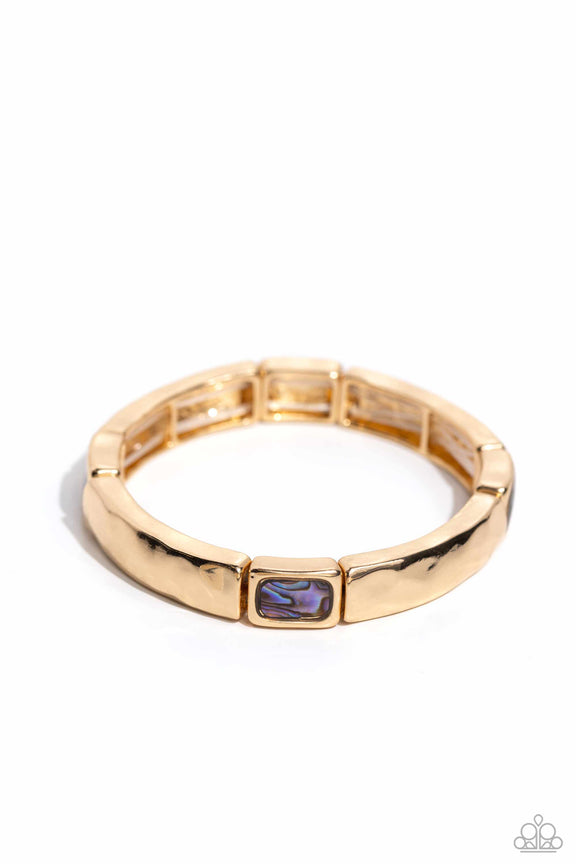 Featuring a faux blue abalone shell, gold squares of various sizes are strung along elastic stretchy bands around the wrist for a tastefully trendy display. Due to its prismatic palette, color may vary.  Sold as one individual bracelet.