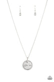 Infused with a silver ring of glassy white rhinestones, a glistening silver disc is dotted with a dainty white rhinestone and stamped in the word, "Glamma," as it swings below the collar for a glamorously sentimental look. Features an adjustable clasp closure.  Sold as one individual necklace. Includes one pair of matching earrings.