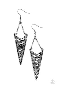 Suspended by gunmetal chains, the center of a smoky hematite rhinestone encrusted gunmetal frame is filled with round and marquise hematite rhinestones for a smoldering finish. Earring attaches to a standard fishhook fitting.  Sold as one pair of earrings.