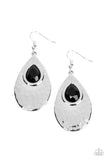 A shiny silver teardrop is hammered in texture, creating a radiant display as the light bounces off each beveled surface. A faceted black teardrop gem is pressed into the top of the silver frame in an enchanting finish. Earring attaches to a standard fishhook fitting.  Sold as one pair of earrings.