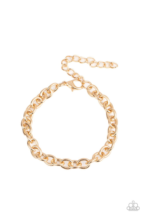 A classic strand of gold oval links interlock around the wrist for a gritty inspiration. Features an adjustable clasp closure.  Sold as one individual bracelet.