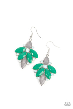 Infused with opal white rhinestones, smoky glass-like and Leprechaun acrylic beads fan out into an elegantly ethereal frame. Earring attaches to a standard fishhook fitting.  Sold as one pair of earrings.