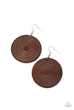 A shiny brown wooden disc is engraved in circular details, resulting in a dizzying pop of color. Earring attaches to a standard fishhook earring.  Sold as one pair of earrings.