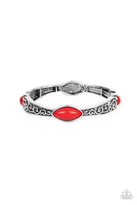 Dotted with round and marquise red beads, antiqued silver frames that are embossed in a vine-like motif are threaded along stretchy bands around the wrist for a colorful pop of seasonal inspiration.  Sold as one individual bracelet.