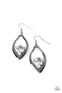 A smoky teardrop gem is nestled inside the bottom of a warped gunmetal frame, culminating into an edgy sparkle. Earring attaches to a standard fishhook fitting.  Sold as one pair of earrings.