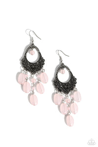 Studded silver filigree vines across the bottom of a decorative teardrop frame, blooming into a whimsical floral pattern. A single Gossamer Pink bead swings from the top of the frame, colorfully complementing the round and oval beaded fringe dancing from the bottom of the display. Earring attaches to a standard fishhook fitting.  Sold as one pair of earrings.