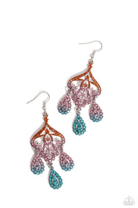 Three rhinestone-encrusted teardrops drip from the bottom of an ornate decorative frame, creating an elegant fringe. The decorative frame swirls with ombrÃ© rhinestones that go from orange to pink to blue shades in varying sizes for a timelessly over-the-top sparkle. Earring attaches to a standard fishhook fitting.  Sold as one pair of earrings.