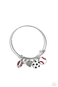 Featuring a sporty motif, a silver heart, solitaire white rhinestone, and football, soccer ball, and baseball charms swing from a silver bangle-like bracelet attached to a sleek silver fitting for a spirited finish.  Sold as one individual bracelet.