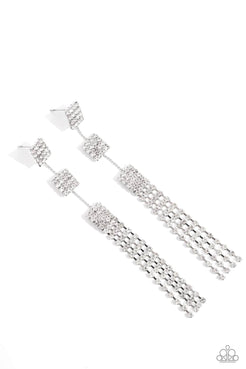 Enveloped in white rhinestones, three interconnected square frames cascade down the ear resulting in a dazzling drop of glitz. Featuring sleek square fittings, strands of glittery white rhinestones freefall from the lowermost square frame, creating a glamorous fringe. Earring attaches to a standard post fitting.  Sold as one pair of post earrings.