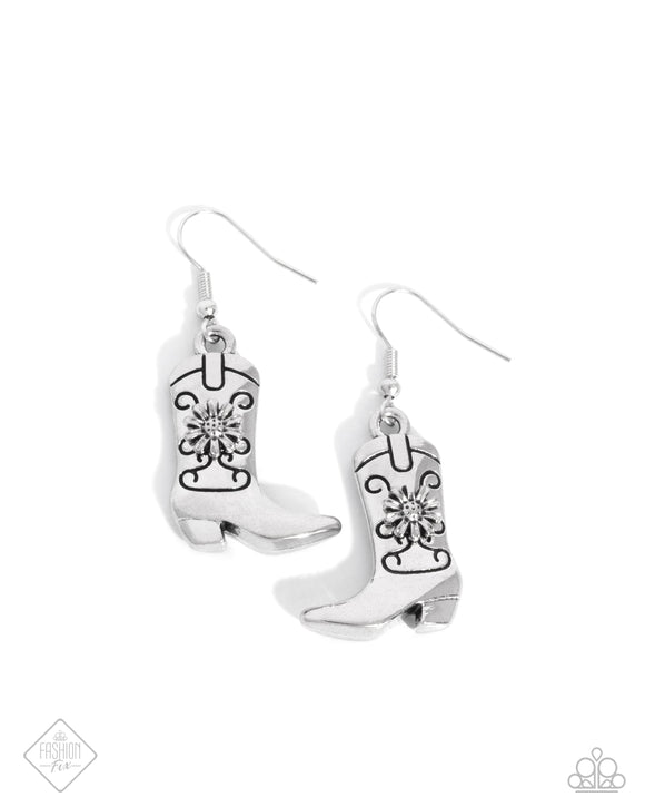 Featuring a tactile silver flower, silver swirl-detailed cowboy boots cascade from the ear for a western look. Earring attaches to a standard fishhook fitting.  Sold as one pair of earrings.