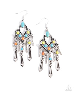 Gradually tapering below the ear, glassy white rhinestones embellish along silver bars while turquoise, orange, and green-beaded flared bars create a dramatic fringe at the bottom of a decorative silver-studded frame swirling with turquoise, orange, and green stones in round and marquise-cuts for an over-the-top earthy lure. Earring attaches to a standard fishhook fitting. As the stone elements in this piece are natural, some color variation is normal.  Sold as one pair of earrings.