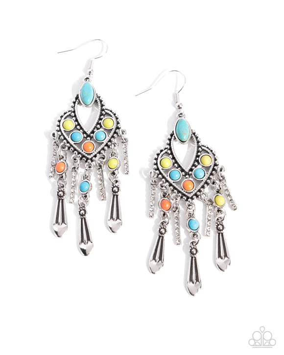 Gradually tapering below the ear, glassy white rhinestones embellish along silver bars while turquoise, orange, and green-beaded flared bars create a dramatic fringe at the bottom of a decorative silver-studded frame swirling with turquoise, orange, and green stones in round and marquise-cuts for an over-the-top earthy lure. Earring attaches to a standard fishhook fitting. As the stone elements in this piece are natural, some color variation is normal.  Sold as one pair of earrings.