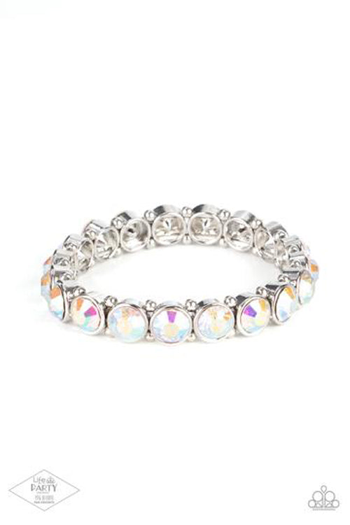 Infused with dainty silver beads, glittery iridescent rhinestone-encrusted frames are threaded along stretchy bands around the wrist for a glamorous look.  Sold as one individual bracelet.  This Fan Favorite is back in the spotlight at the request of our 2020 Life of the Party member with Pink Diamond Access, Mandi H.