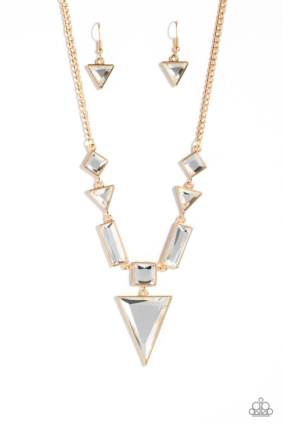 Stunning, reflective rhinestones cut in various sizes and shapes including princess cut, round, emerald and triangle cascade down the neck on a shimmering gold chain resting in the largest triangle. A timeless look connecting below the collar. Features an adjustable clasp closure.  Sold as one individual necklace. Includes one pair of matching earrings.