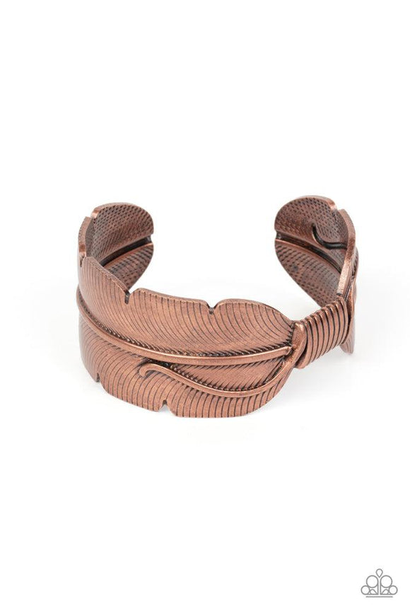 Infused with faux metal laces, an oversized copper feather asymmetrically curls around the wrist for a whimsical Southwestern vibe.  Sold as one individual bracelet.