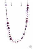 Varying in size, shape, and opacity, a refined collection of pearly, crystal, and acrylic plum beads link with faceted silver beads and floral adorned silver accents across the chest for a glamorous pop of color. Features an adjustable clasp closure.  Sold as one individual necklace. Includes one pair of matching earrings.