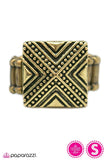 A brass square is etched in geometric patterns, creating an indigenous display. The bold shape comes to a point at its center, creating a raised pyramid design. Sold as one individual ring.