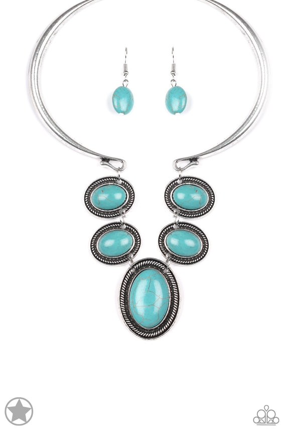 Two antiqued silver bars curl around the neck as they give way to a row of refreshing turquoise stones that falls delicately below the collar. Each stone is encased in a textured silver frame, adding a traditional artisanal flair to each unique pendant. Features an adjustable clasp closure.  Sold as one individual necklace. Include one pair of matching earrings.