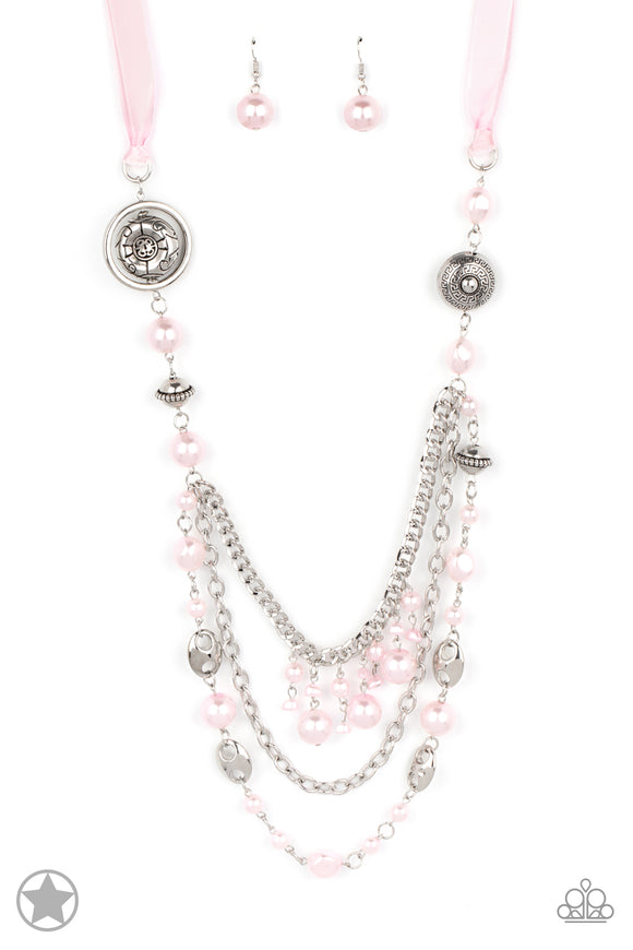 A silky pink ribbon replaces a traditional chain to give an elegant look. Pearly pastel pink beads and funky silver pieces intermix with varying lengths of silver chains to give a fresh take on a Victorian-inspired piece.  Sold as one individual necklace. Includes one pair of matching earrings.