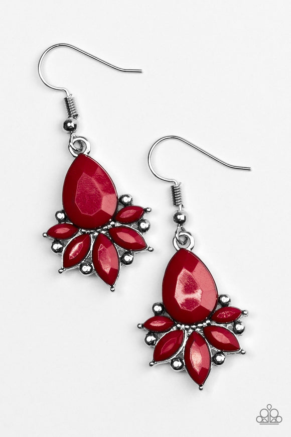 Faceted red beads fan out from a larger bead in a regal fashion. Dainty studs are added to the elegant display, adding an extra splash of shimmer to the playful display. Earring attaches to a standard fishhook fitting.  Sold as one pair of earrings.