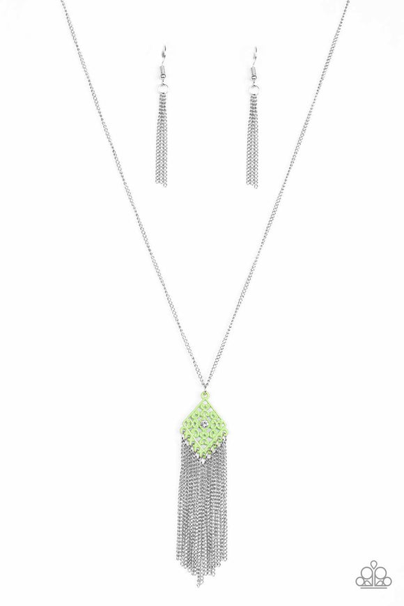 A dainty white rhinestone is pressed into the center of a green kite-shaped pendant. Featuring a filigree filled center, the colorful pendant gives way to a whimsical chain tassel for a flirty finish. Features an adjustable clasp closure.  Sold as one individual necklace. Includes one pair of matching earrings.