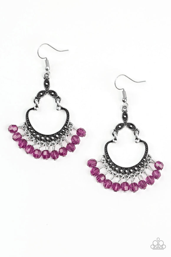 Faceted purple beads swing from the bottom of a studded silver frame, creating a whimsical lure. Earring attaches to a standard fishhook fitting.  Sold as one pair of earrings.