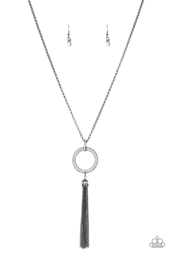 Encrusted in dazzling white rhinestones, a shimmery gunmetal hoop swings from the bottom of an elegantly elongated gunmetal chain for a refined look. A glistening gunmetal tassel swings from the bottom of the glittery pendant for a flirty flair. Features an adjustable clasp closure.  Sold as one individual necklace. Includes one pair of matching earrings.