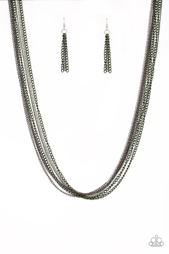 Brushed in a metallic finish, green chains collide with mismatched gunmetal and silver chains across the chest. Shimmery silver and gunmetal popcorn chains join the colorful layers, adding shimmery metallic texture to the spunky mixed palette. Features an adjustable clasp closure.  Sold as one individual necklace. Includes one pair of matching earrings.