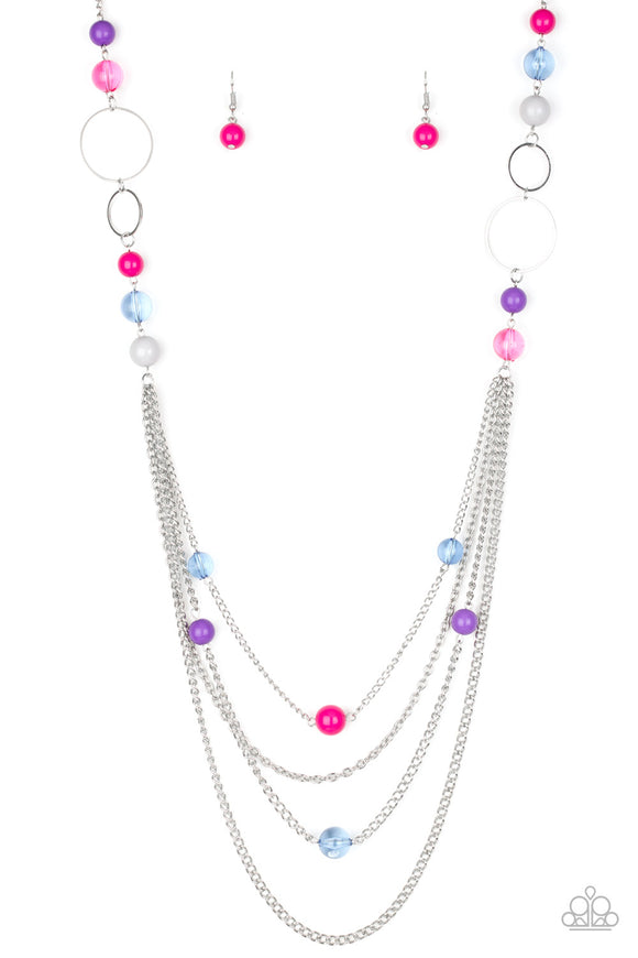 Infused with shimmery silver hoops, glassy and polished multicolored beads trickle along glistening silver chains for a bubbly look. Features an adjustable clasp closure.  Sold as one individual necklace. Includes one pair of matching earrings.