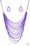 Row after row of vivacious purple seed beads cascade down the chest, creating summery layers. Features an adjustable clasp closure.  Sold as one individual necklace. Includes one pair of matching earrings.