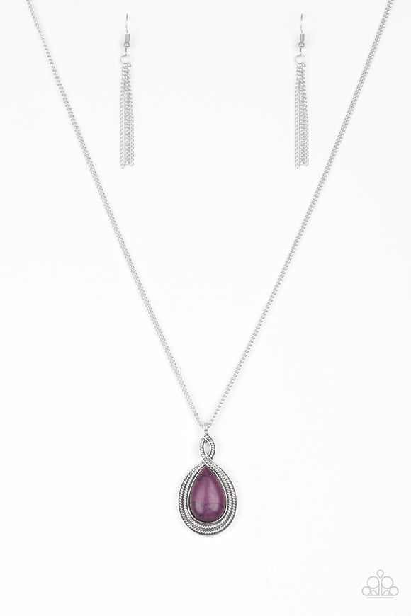 Filled with rope-like patterns, shimmery silver bars twist around a vivacious purple stone at the bottom of a lengthened silver chain for a seasonal look. Features an adjustable clasp closure.  Sold as one individual necklace. Includes one pair of matching earrings.