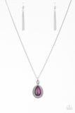 Filled with rope-like patterns, shimmery silver bars twist around a vivacious purple stone at the bottom of a lengthened silver chain for a seasonal look. Features an adjustable clasp closure.  Sold as one individual necklace. Includes one pair of matching earrings.