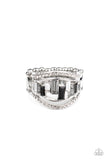 White rhinestone encrusted bands flank a row of emerald cut glass beads in shades of black, gray, and white for a regal look. Features a stretchy band for a flexible fit.  Sold as one individual ring.