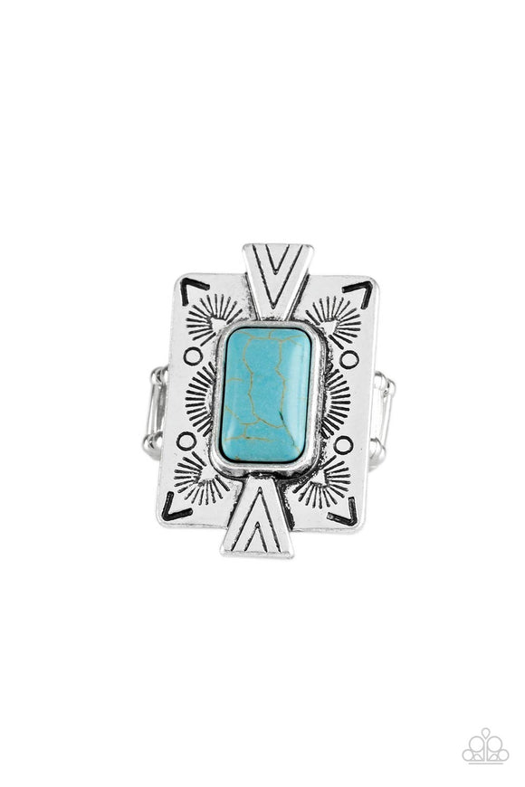 Chiseled into a tranquil rectangle, a refreshing turquoise stone is pressed into a bold silver frame radiating with tribal-inspired patterns for a seasonal look. Features a stretchy band for a flexible fit.  Sold as one individual ring.