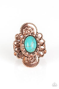 Dotted in shimmery patterns, textured copper petals bloom from a refreshing turquoise stone center for a bold seasonal look. Features a stretchy band for a flexible fit.  Sold as one individual ring.