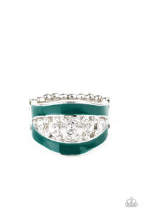 Glittery white rhinestones dance between two shiny Quetzal Green bands, coalescing into a refined centerpiece. Features a stretchy band for a flexible fit.  Sold as one individual ring.