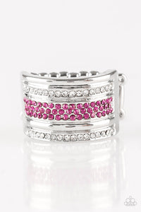 Pink and white rhinestone encrusted bands stack across the finger for a glamorous look. Features a stretchy band for a flexible fit.  Sold as one individual ring.