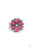 Vivacious pink beads are pressed into a studded silver frame, creating a colorful floral centerpiece atop the finger. Features a stretchy band for a flexible fit.  Sold as one individual ring.