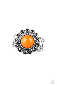 A vivacious orange bead is pressed into the center of a shimmery floral frame radiating with swirling detail. Features a stretchy band for a flexible fit.  Sold as one individual ring.