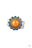 A vivacious orange bead is pressed into the center of a shimmery floral frame radiating with swirling detail. Features a stretchy band for a flexible fit.  Sold as one individual ring.