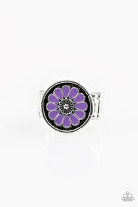 Brushed in an antiqued shimmer, vivacious purple petals spin into a whimsical floral pattern atop the finger. Features a stretchy band for a flexible fit. Sold as one individual ring.