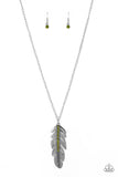 Glittery green rhinestones are encrusted down the spine of a life-like silver feather. The whimsical pendant swings from the bottom of a lengthened silver chain for a seasonal look. Features an adjustable clasp closure.